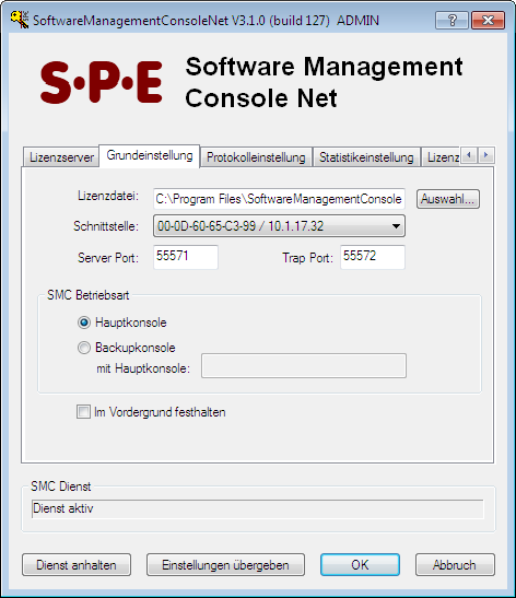 Kontrollfeld Management-Konsole